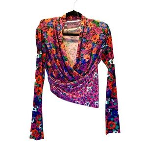 Zara -Floral Draped Asymmetric Ling Sleeve V-Neck Top Padded Shoulder Medium EUC